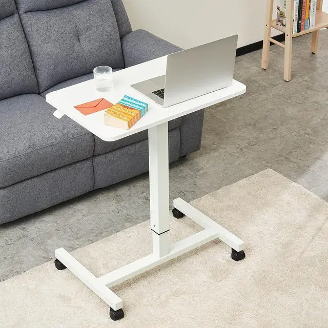 Alt view image 2 of 7 - Mobile Laptop Desk Pneumatic Sit to Stand Table Height Adjustable Rolling Cart with Lockable Wheels for Home Office Computer Workstation 28" x 19" White Round Edge Design Elegant
