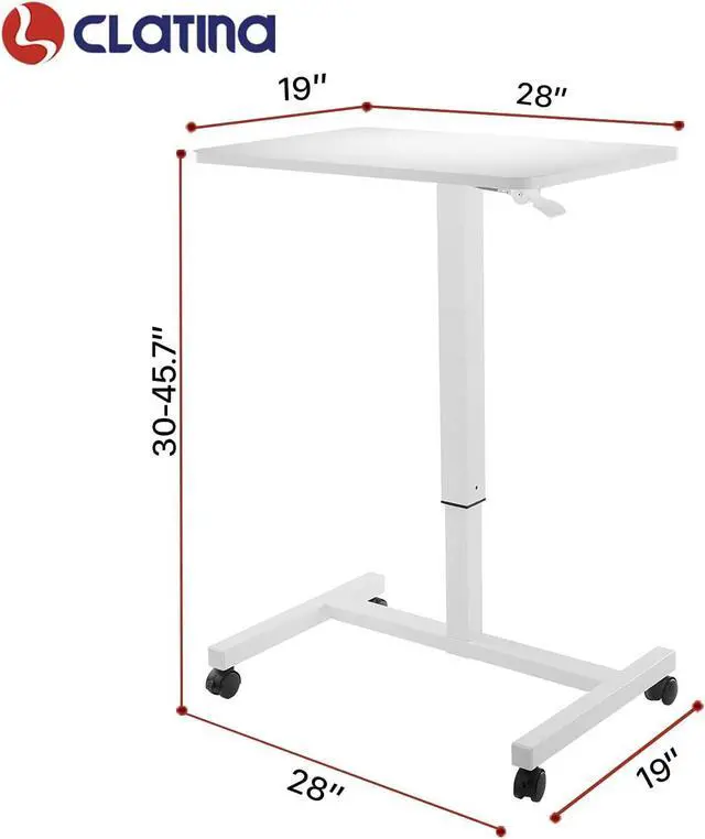 Alt view image 3 of 7 - Mobile Laptop Desk Pneumatic Sit to Stand Table Height Adjustable Rolling Cart with Lockable Wheels for Home Office Computer Workstation 28" x 19" White Round Edge Design Elegant