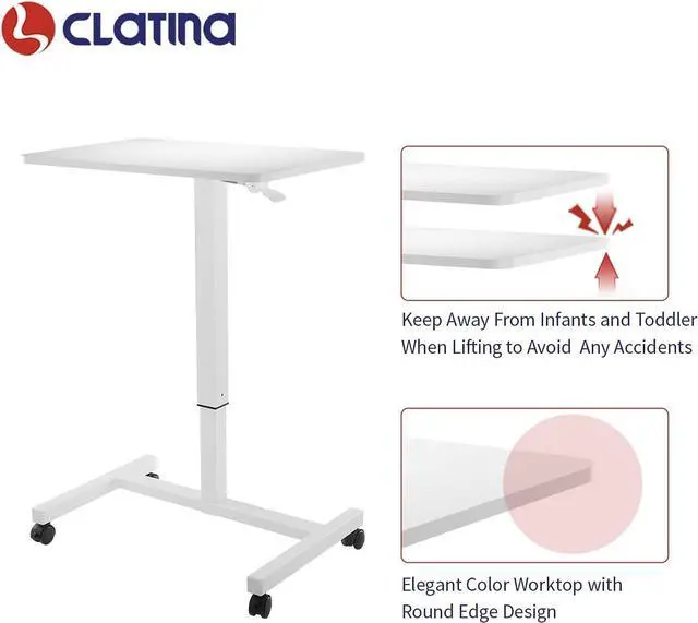 Alt view image 6 of 7 - Mobile Laptop Desk Pneumatic Sit to Stand Table Height Adjustable Rolling Cart with Lockable Wheels for Home Office Computer Workstation 28" x 19" White Round Edge Design Elegant