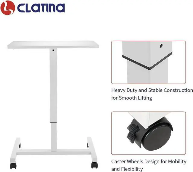 Alt view image 7 of 7 - Mobile Laptop Desk Pneumatic Sit to Stand Table Height Adjustable Rolling Cart with Lockable Wheels for Home Office Computer Workstation 28" x 19" White Round Edge Design Elegant