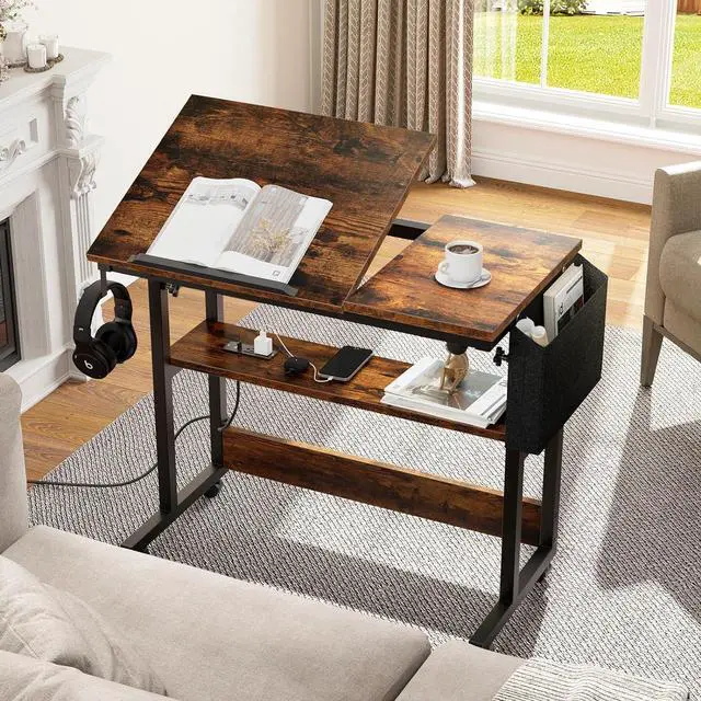 Main image of Height Adjustable Table with Charging Station, Portable Desk with Wheels, Small Standing Rolling Computer Desk with Tiltable Tabletop and Storage Bag, Brown