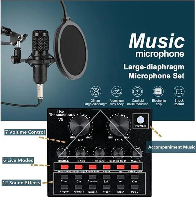 Alt view image 3 of 7 - Podcast Equipment Bundle, with BM800 Podcast Microphone and V8 Sound Card, Voice Changer - Audio Interface -Perfect for Recording, Singing, Streaming and Gaming (V8-Black)