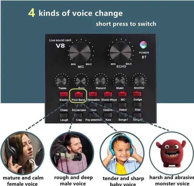 Alt view image 4 of 7 - Podcast Equipment Bundle, with BM800 Podcast Microphone and V8 Sound Card, Voice Changer - Audio Interface -Perfect for Recording, Singing, Streaming and Gaming (V8-Black)