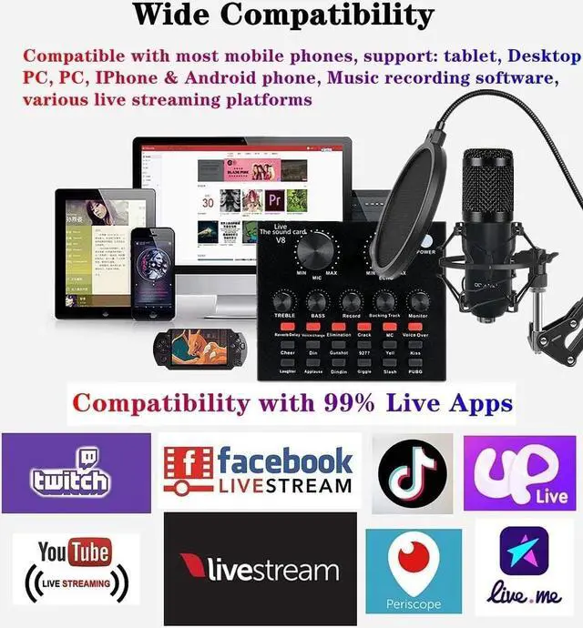 Alt view image 6 of 7 - Podcast Equipment Bundle, with BM800 Podcast Microphone and V8 Sound Card, Voice Changer - Audio Interface -Perfect for Recording, Singing, Streaming and Gaming (V8-Black)