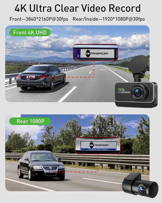 Alt view image 2 of 7 - Dash Cam Front and Rear,4K+1080P WiFi Dual Dash Camera for Cars with App, 3" IPS Dashboard Camera Recorder,Night Vision,24H/7 Parking Mode, Loop Recording,170° Wide Angle,Free 64GB SD Card