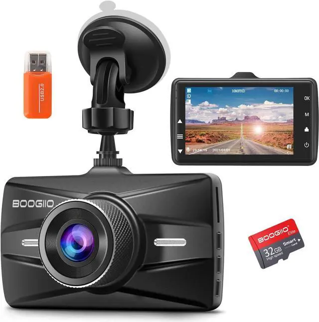Main image of Dash Cam Front with 32G SD Card, BOOGIIO 1080P FHD Car Driving Recorder 3' IPS Screen 170°Wide Angle Dashboard Camera Aluminum Alloy Case, WDR G-Sensor Parking Monitor Loop Recording Motion Detection