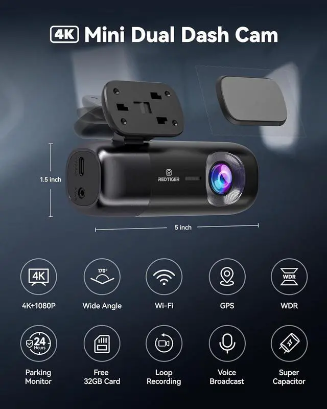 Alt view image 2 of 7 - F9 Dash Cam 4K Front and Rear 1080P, WiFi GPS Car Camera with Free 32GB Card, Dual Dash Camera for Cars, Loop Recording, Night Vision, Parking Mode, Smart App Control, Support 256GB Max