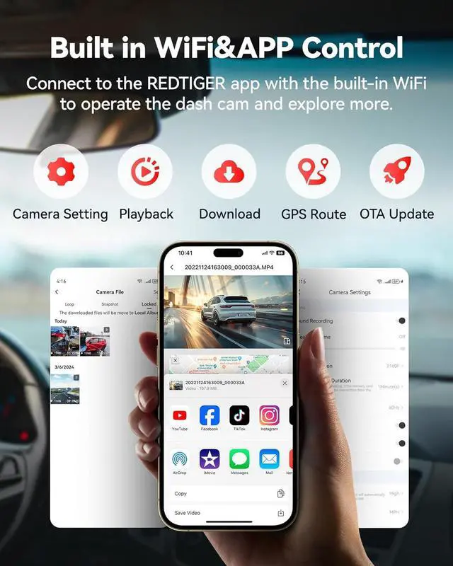 Alt view image 4 of 7 - F9 Dash Cam 4K Front and Rear 1080P, WiFi GPS Car Camera with Free 32GB Card, Dual Dash Camera for Cars, Loop Recording, Night Vision, Parking Mode, Smart App Control, Support 256GB Max