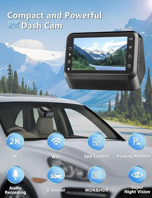 Alt view image 2 of 7 - Dash Cam for Cars, 2K Car Camera with WiFi, Front Dash Camera for Cars, Otovoda Mini Dash Cam with Super Night Vision, 24 Hours Parking Monitor Dashcams, Free 64GB Card, Loop Recording, WDR, G-Sensor