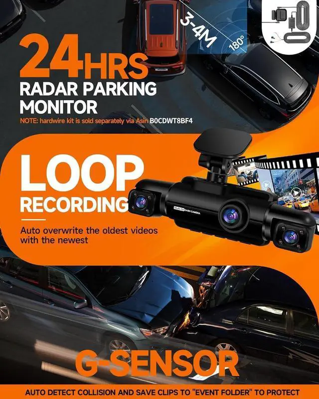 Alt view image 4 of 7 - 360° Dash Cam Front and Rear Inside, 4 Channel FHD 4 * 1080P, Wi-Fi GPS Voice Control Car Camera, Front 2K+1080P*2 Dash Camera for Cars, with 64GB SD Card, Night Vision, 24H Parking Mode(N300)