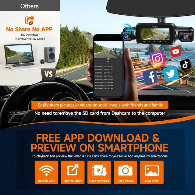 Alt view image 7 of 7 - 360° Dash Cam Front and Rear Inside, 4 Channel FHD 4 * 1080P, Wi-Fi GPS Voice Control Car Camera, Front 2K+1080P*2 Dash Camera for Cars, with 64GB SD Card, Night Vision, 24H Parking Mode(N300)