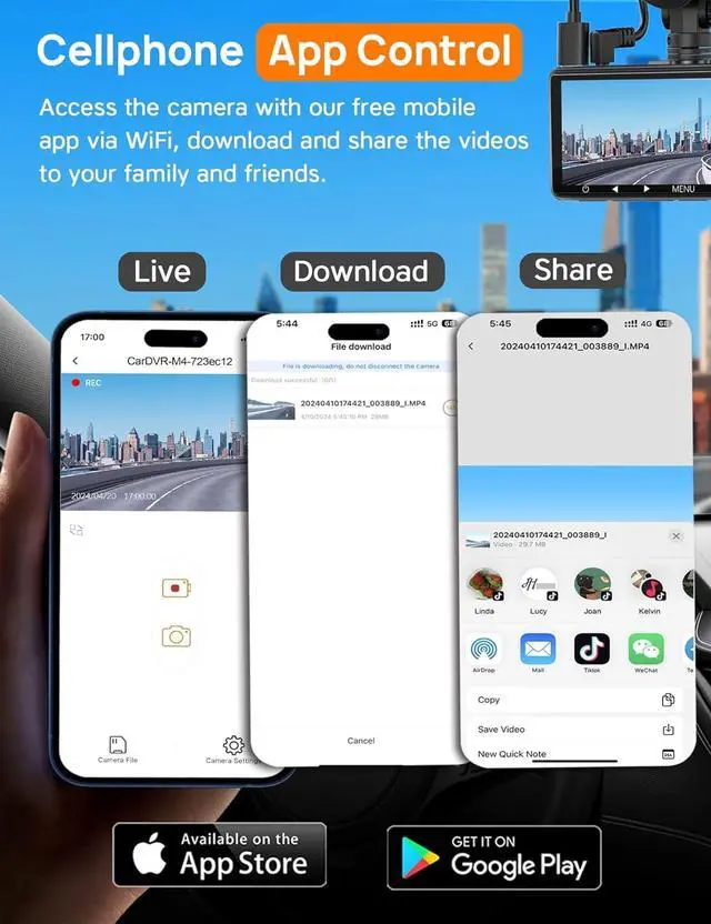 Alt view image 3 of 7 - 3 Channel WiFi Dash Cam with 64GB Card, 4K+1080P Dash Cam Front and Rear, 4K+1080P Front Inside Car Camera, 2.5K+1080P+1080P Three Way Dash Camera for Cars, 24H Parking Mode, 256GB Max Support