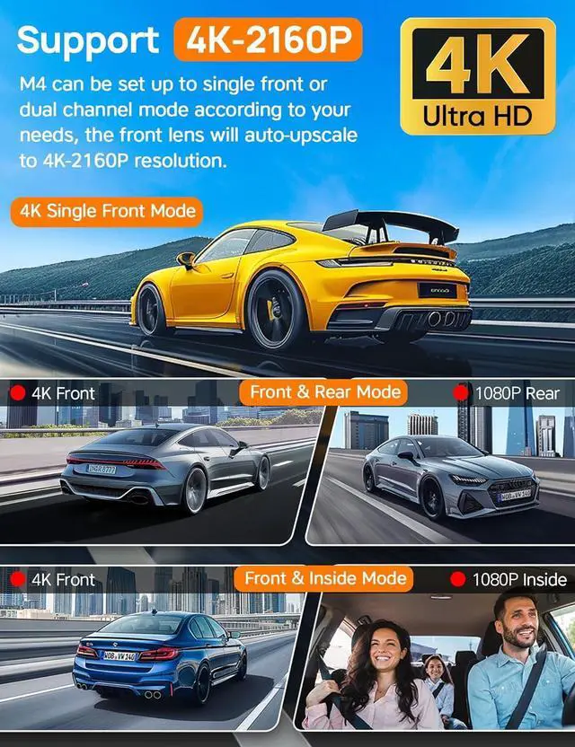 Alt view image 4 of 7 - 3 Channel WiFi Dash Cam with 64GB Card, 4K+1080P Dash Cam Front and Rear, 4K+1080P Front Inside Car Camera, 2.5K+1080P+1080P Three Way Dash Camera for Cars, 24H Parking Mode, 256GB Max Support