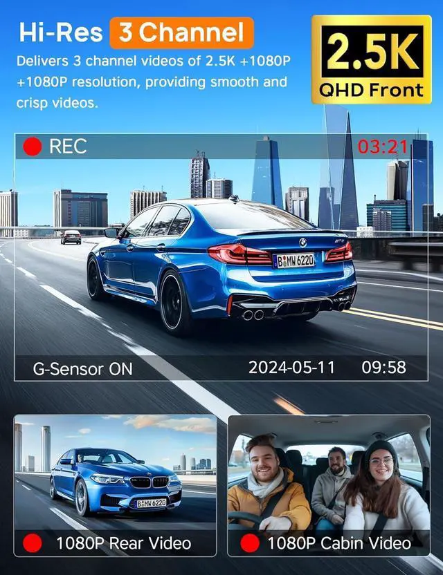 Alt view image 2 of 7 - 3 Channel WiFi Dash Cam with 64GB Card, 4K+1080P Dash Cam Front and Rear, 4K+1080P Front Inside Car Camera, 2.5K+1080P+1080P Three Way Dash Camera for Cars, 24H Parking Mode, 256GB Max Support