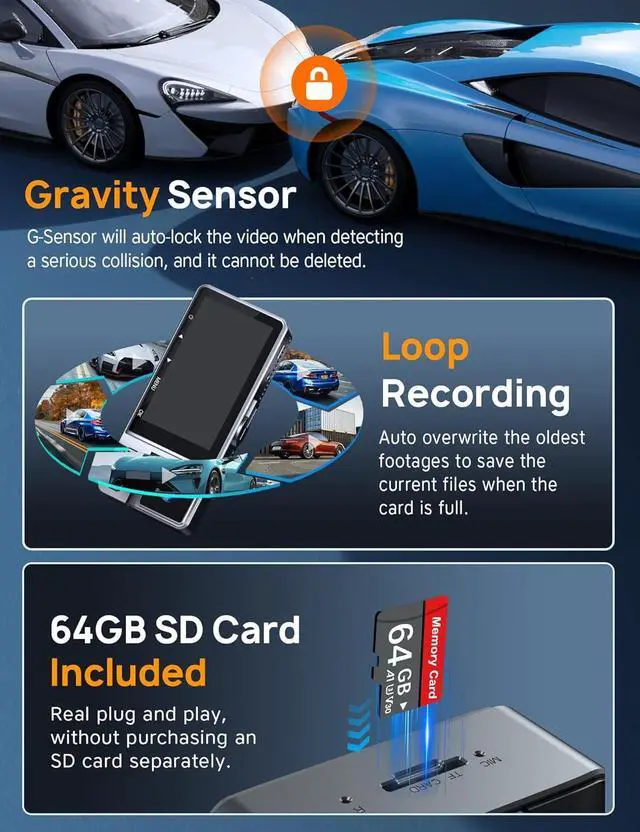 Alt view image 5 of 7 - 3 Channel WiFi Dash Cam with 64GB Card, 4K+1080P Dash Cam Front and Rear, 4K+1080P Front Inside Car Camera, 2.5K+1080P+1080P Three Way Dash Camera for Cars, 24H Parking Mode, 256GB Max Support