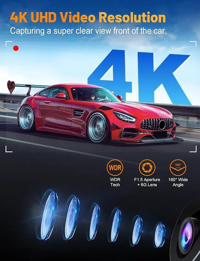 Alt view image 2 of 7 - Dash Cam 4K with Touch Screen, Built-in 5G WiFi, Free 64GB SD Card, Dash Camera for Cars with App, Car Camera, Dashcams for Cars, 24 Hours Parking Monitor, Night Vision, Loop Recording