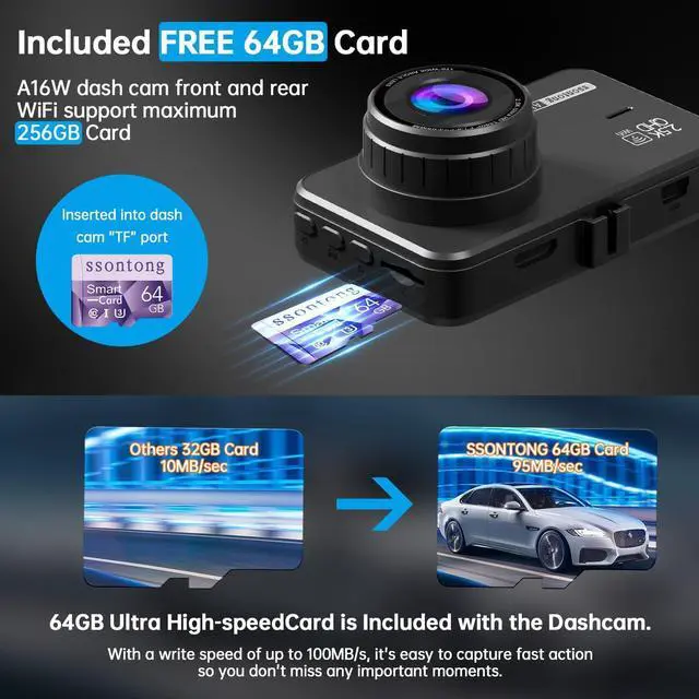 Alt view image 5 of 7 - Dash Cam Front and Rear, Dash Camera for Cars WiFi/APP Control Dual Dashcam W/ 64GB Card, 2.5K Dash Cam Front+1080P Rear Car Camera W/Super Night Vision, Loop Recording, G-Sensor, Max Support 256GB