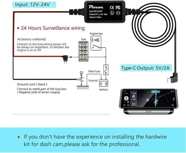 Alt view image 5 of 7 - Dash Cam Hardwire Kit,Type-C Hard Wire Kit,USB C Hard Wire Kit Fuse for Dashcam, Plozoe 12V-24V to 5V Car Dash Camera Charger Power Cord, Gift 4 Fuse Tap Cable and Installation Tool11.5ft