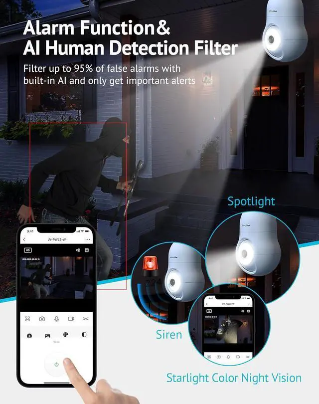 Alt view image 6 of 7 - LaView 4MP Bulb Security Camera 2.4GHz,360° 2K Security Cameras Wireless Outdoor Indoor Full Color Day and Night, Motion Detection, Audible Alarm, Easy Installation, Compatible with Alexa (2 Pack)
