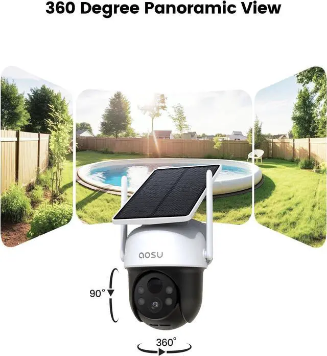 Alt view image 3 of 7 - AOSU Solar Camera Security Outdoor - 100% Wire-Free Security Cameras Wireless Outdoor for Home Surveillance with Fixed Solar Panel, 360° Panoramic View, Human Auto Tracking, 2K Color Night Vision