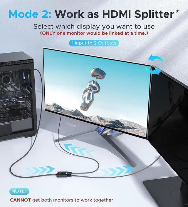 Alt view image 2 of 6 - HDMI Switch 2 in 1 Out 4K@60Hz, WARRKY 3.3ft Fixed Braided HDMI Cable, Aluminum Case, HDCP 2.2 Bidirectional 2x1 Switcher Splitter UHD Compatible for PS5/4, Nintendo Switch, Roku, FireStick - Black