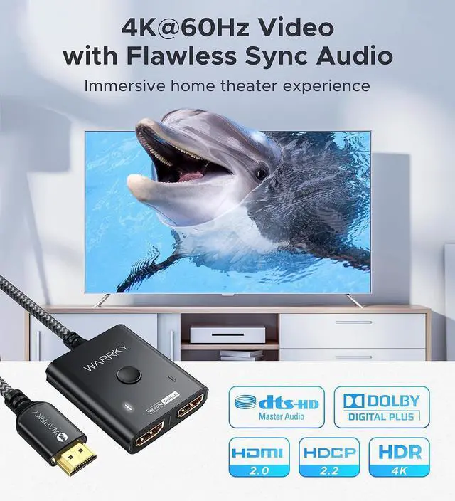 Alt view image 3 of 6 - HDMI Switch 2 in 1 Out 4K@60Hz, WARRKY 3.3ft Fixed Braided HDMI Cable, Aluminum Case, HDCP 2.2 Bidirectional 2x1 Switcher Splitter UHD Compatible for PS5/4, Nintendo Switch, Roku, FireStick - Black