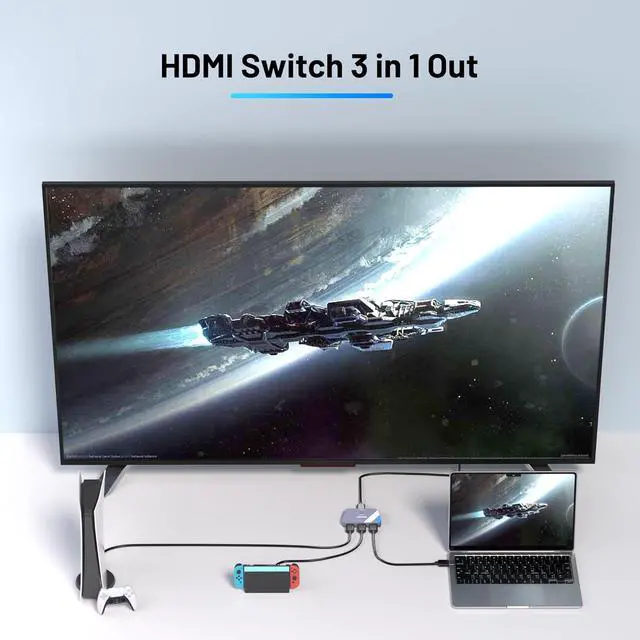 Alt view image 2 of 7 - HDMI Switch 3 in 1 Out 4K@60Hz, 3x1 HDMI Splitter with 2.6 FT HDMI 2.0 Cable, 3 Port HDMI switcher Selector Support 4K 60Hz Dolby Atmos HDR10 3D HDCP2.2 for NS PS5 PS4 Xbox Roku TV Fire Stick