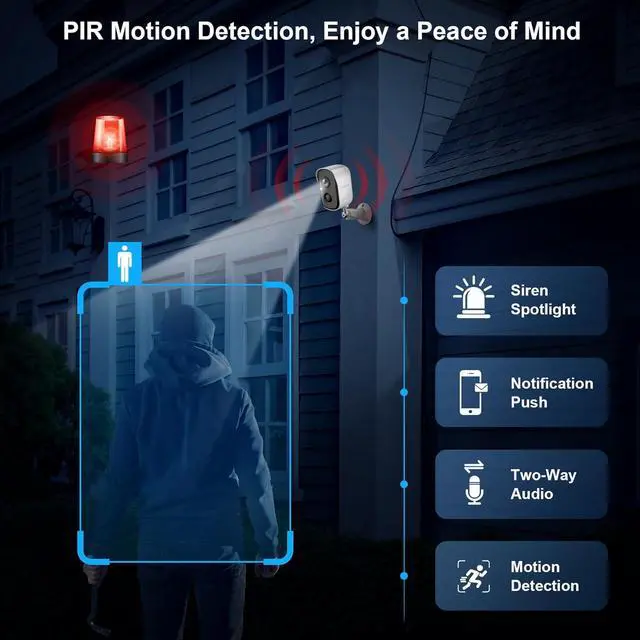 Alt view image 5 of 7 - Security Cameras Wireless Outdoor, 2K Battery Powered Indoor Camera/WiFi Camera for Home Security with AI Motion Detection, Color Night Vision, Spotlight, Siren, Waterproof, SD/Cloud Storage