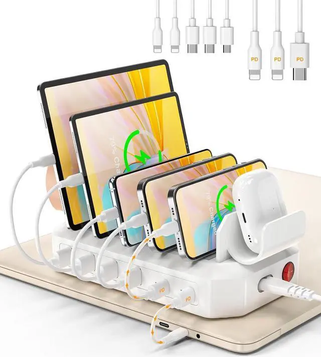 Main image of 95W Charging Station for Multiple Devices, 6-Port USB Charging Dock with 2 PD Ports, Multi Charging Station Compatible with MacBookCellphones, iPad, Kindle, Tablets (Includes 8 Cables & 2 Stands)