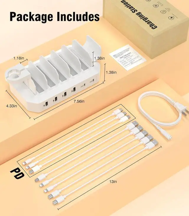 Alt view image 7 of 7 - 95W Charging Station for Multiple Devices, 6-Port USB Charging Dock with 2 PD Ports, Multi Charging Station Compatible with MacBookCellphones, iPad, Kindle, Tablets (Includes 8 Cables & 2 Stands)