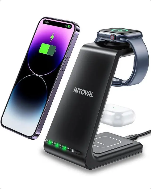Main image of Intoval Wireless Charging Station, 3 in 1 Charger for Apple iPhone/iWatch/Airpods,iPhone16 15,14,13,12,11 (Pro,Pro Max)/XS/XR/XS,iWatch10 9/8/Ultra2/1/7/6/SE/5/4/3/2,Airpods Pro2/Pro1/3 (A3,Black)