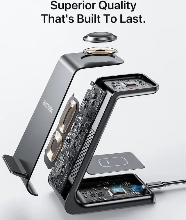 Alt view image 3 of 6 - Intoval Wireless Charging Station, 3 in 1 Charger for Apple iPhone/iWatch/Airpods,iPhone16 15,14,13,12,11 (Pro,Pro Max)/XS/XR/XS,iWatch10 9/8/Ultra2/1/7/6/SE/5/4/3/2,Airpods Pro2/Pro1/3 (A3,Black)