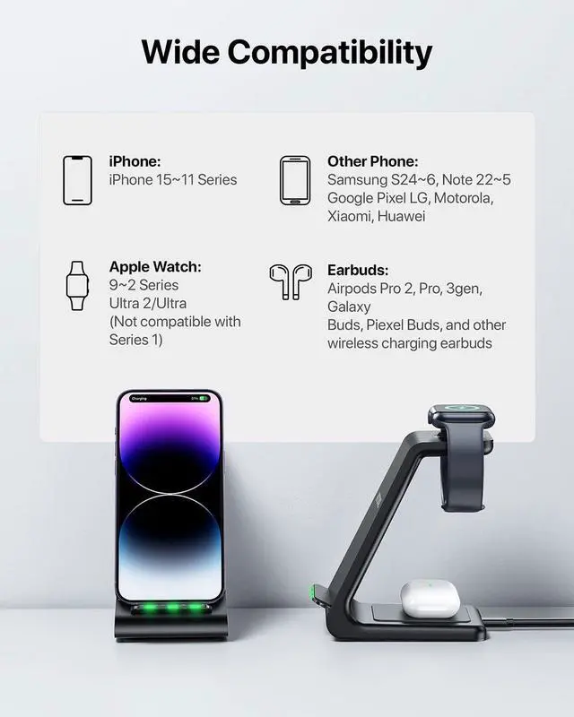 Alt view image 5 of 6 - Intoval Wireless Charging Station, 3 in 1 Charger for Apple iPhone/iWatch/Airpods,iPhone16 15,14,13,12,11 (Pro,Pro Max)/XS/XR/XS,iWatch10 9/8/Ultra2/1/7/6/SE/5/4/3/2,Airpods Pro2/Pro1/3 (A3,Black)