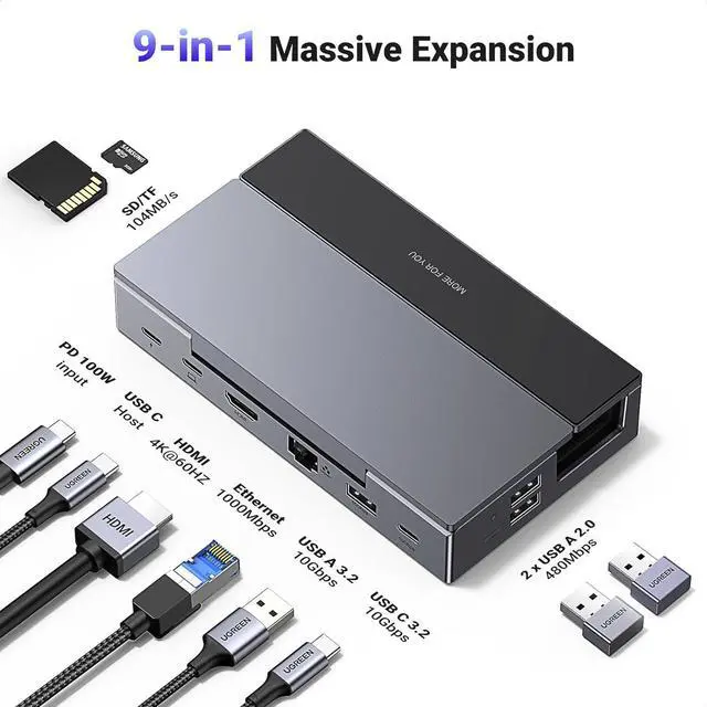 Alt view image 2 of 7 - UGREEN Steam Deck Dock 9-in-1 USB C Docking Station with Foldable Stand, 4K@60Hz HDMI, Gigabit Ethernet, PD 100W, 10Gbps USB A&C 3.2, TF/SD Compatible with Steam Deck, Rog Ally, Rog X, Legion Go etc.
