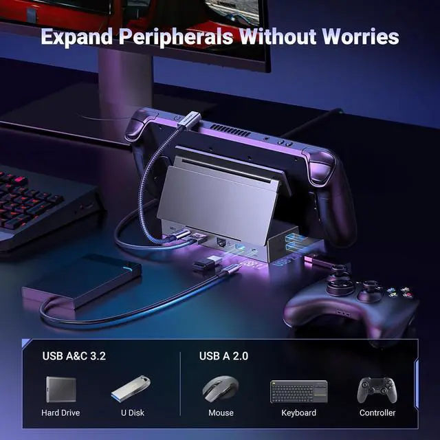 Alt view image 4 of 7 - UGREEN Steam Deck Dock 9-in-1 USB C Docking Station with Foldable Stand, 4K@60Hz HDMI, Gigabit Ethernet, PD 100W, 10Gbps USB A&C 3.2, TF/SD Compatible with Steam Deck, Rog Ally, Rog X, Legion Go etc.