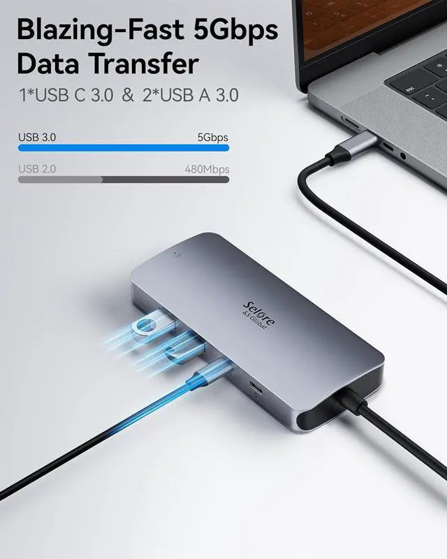 Alt view image 7 of 7 - USB C Docking Station Dual Monitor, Selore Docking Station 3 Monitors Triple 4K Display with 2 HDMI, DisplayPort, 1 Gbps Ethernet, 100W PD Charging, USB 3.0 Ports Adapter for Dell, HP, Lenovo,etc