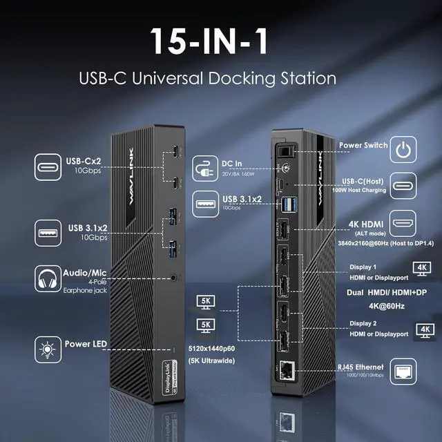 Alt view image 2 of 6 - WAVLINK DisplayLink Docking Station Triple Monitor 4K@60Hz for 3 Monitors, 100W Charging for Thunderbolt 4/3, USB C M1 M2 M3 M4 Mac/Windows/Chrome - 3 HDMI, 2 DP, 6 USB Ports, 160W Power, LAN, Audio