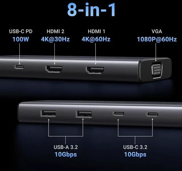 Alt view image 2 of 7 - UGREEN 8 in 1 USB C 4K Docking Station - Dual Monitor, Triple Display with 2 HDMI, VGA, 2 USB A&C 3.2 Ports, 100W PD - Compatible for MacBook, , HP, Lenovo, Surface