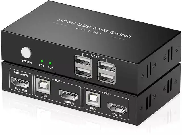 Main image of KVM Switch HDMI 1 Monitor 2 Computers with 4K@30Hz Ultra HD Resolution, 2 Port KVM Switches 4 USB 2.0 Hub,KVM Switches Supporting Wireless Keyboard and Mouse, Plug and Play