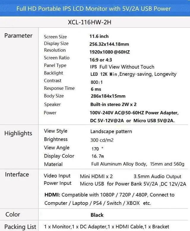 Alt view image 4 of 6 - 11.6 inch 1920x1080 Full HD Portable Lightweight 1080p IPS LED LCD Monitor with Mini HDMI x 2 / 3.5mm Audio / Micro USB Ports, 5V 2A USB Power Supply, 11.6" High Definition Video Display.