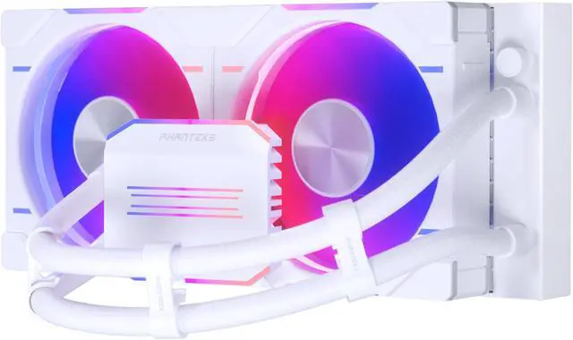 Alt view image 2 of 5 - Phanteks Glacier One 240D30 Premium D/A-RGB AIO Liquid CPU Cooler, D/A-RGB Pump Cap Design, 2x D30 120mm PWM D-RGB Fans, Supports Intel Core 14th Gen Processors, White