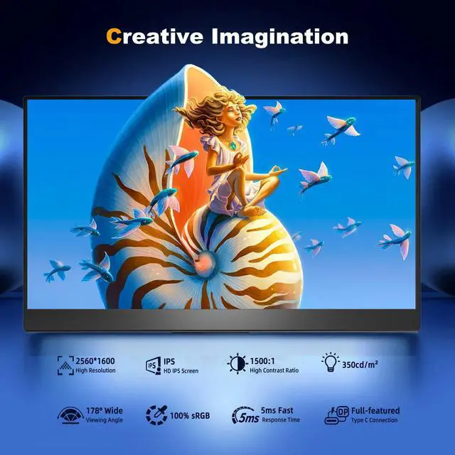 Alt view image 2 of 7 - EVICIV 16" 2K Portable Monitor 2560*1600 1500:1 100%sRGB HDMI USB C OTG w/VESA
