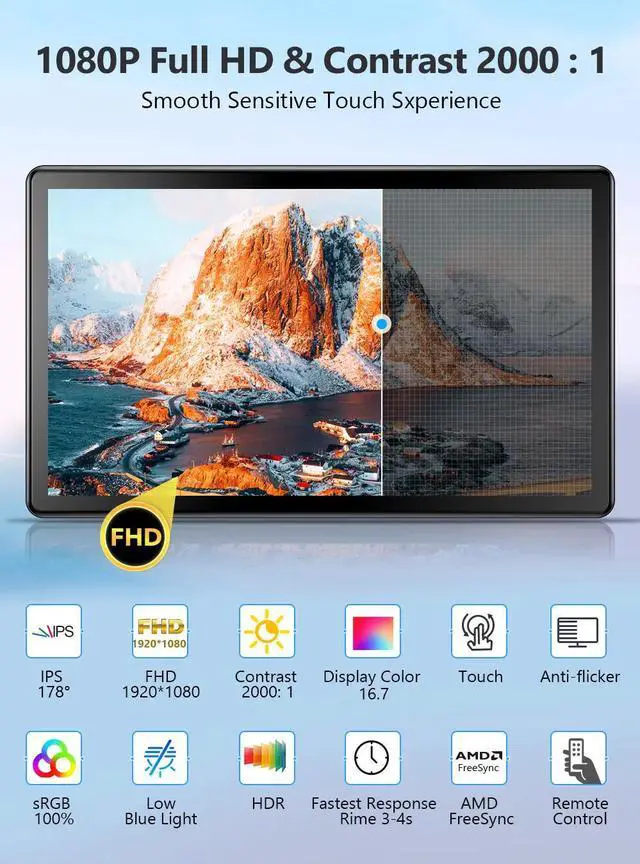 Alt view image 2 of 7 - NEWSOUL Portable Touchscreen Monitor 15.6" 1080P W/ VESA HDMI VGA DVI Industrial Input 2000:1 Contrast Ratio IPS Touch Display