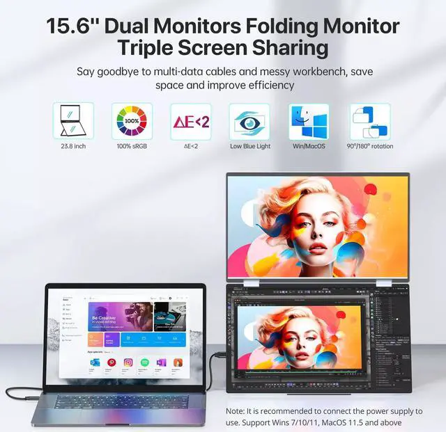 Alt view image 2 of 7 - UPERFECT 15,6 Zoll Zusammenklappbarer Tragbarer Dual-Monitor 1080P IPS Laptop-Bildschirm