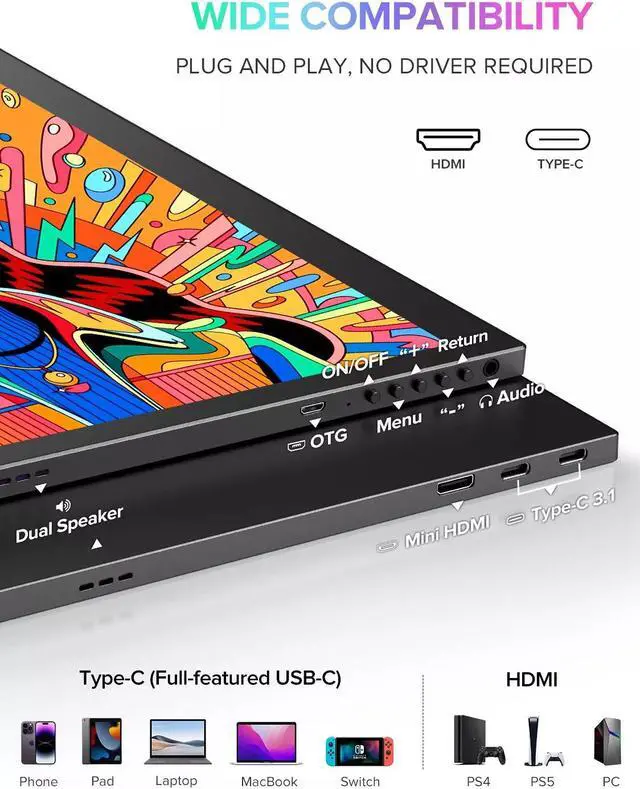 Alt view image 7 of 7 - EVICIV 18.4" 4K 3840x2160 HDR Portable Monitor USB C Monitor Gaming Screen FreeSync IPS HDR Laptop Monitor Display with Leather Case