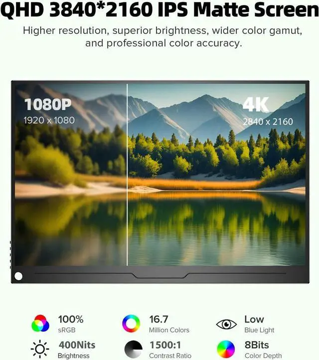 Alt view image 2 of 6 - NEWSOUL 14" 4K 60Hz Portable Gaming Monitor USB C Screen UHD Travel Monitor for Laptop, 3840P×2160P IPS Screen w/HDMI & Type C Display