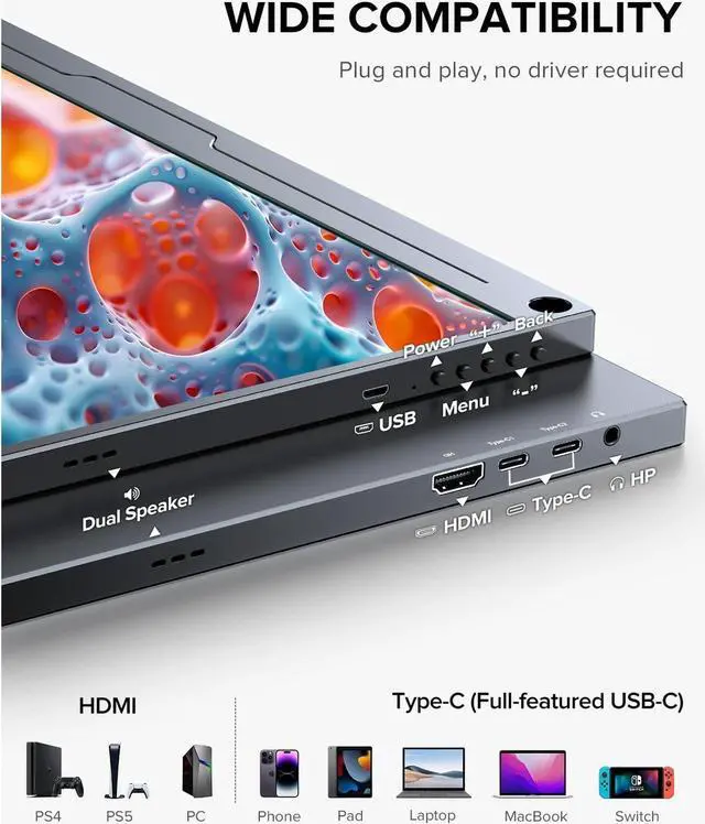 Alt view image 3 of 6 - NEWSOUL 14" 4K 60Hz Portable Gaming Monitor USB C Screen UHD Travel Monitor for Laptop, 3840P×2160P IPS Screen w/HDMI & Type C Display