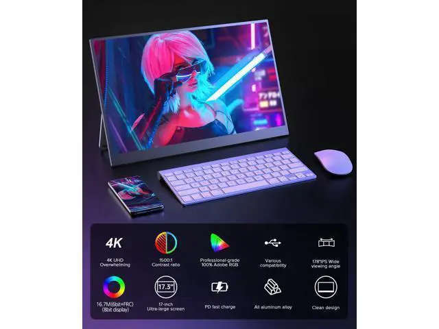 Alt view image 2 of 7 - Uperfect 17.3" 4K UHD IPS Portable Monitor 100% AdobeRGB 500 Nits FreeSync HDR VESA Mountable