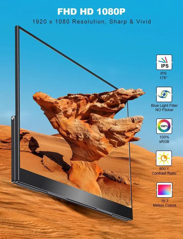 Alt view image 2 of 7 - Portable Monitor 17.3", FHD 1080P IPS Computer Display Eye Care Screen with HDMI/Type C for Laptop PC MAC Surface PS4 Xbox Switch Phone