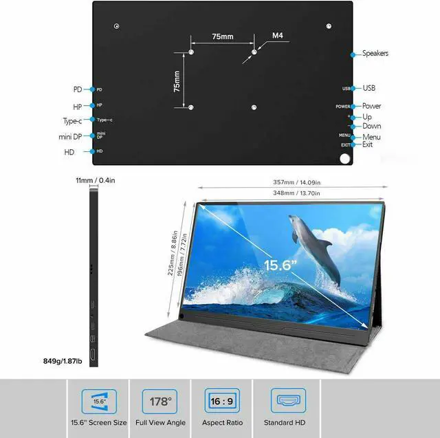 Alt view image 5 of 7 - Newsoul Portable Monitor, 15.6" IPS HDR 1920X1080 FHD Eye Care Screen USB C Gaming Monitor, Dual Speaker Computer Display HDMI Type-C VESA for Laptop PC MAC Phone w/Smart Case